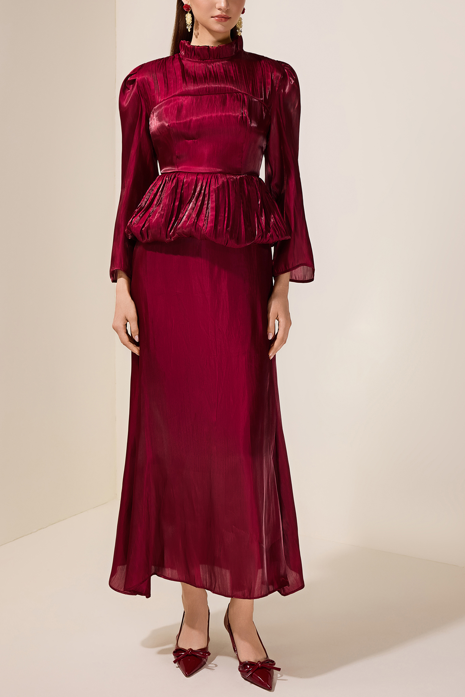 Satin Ruffle Long Sleeve Maxi Dress