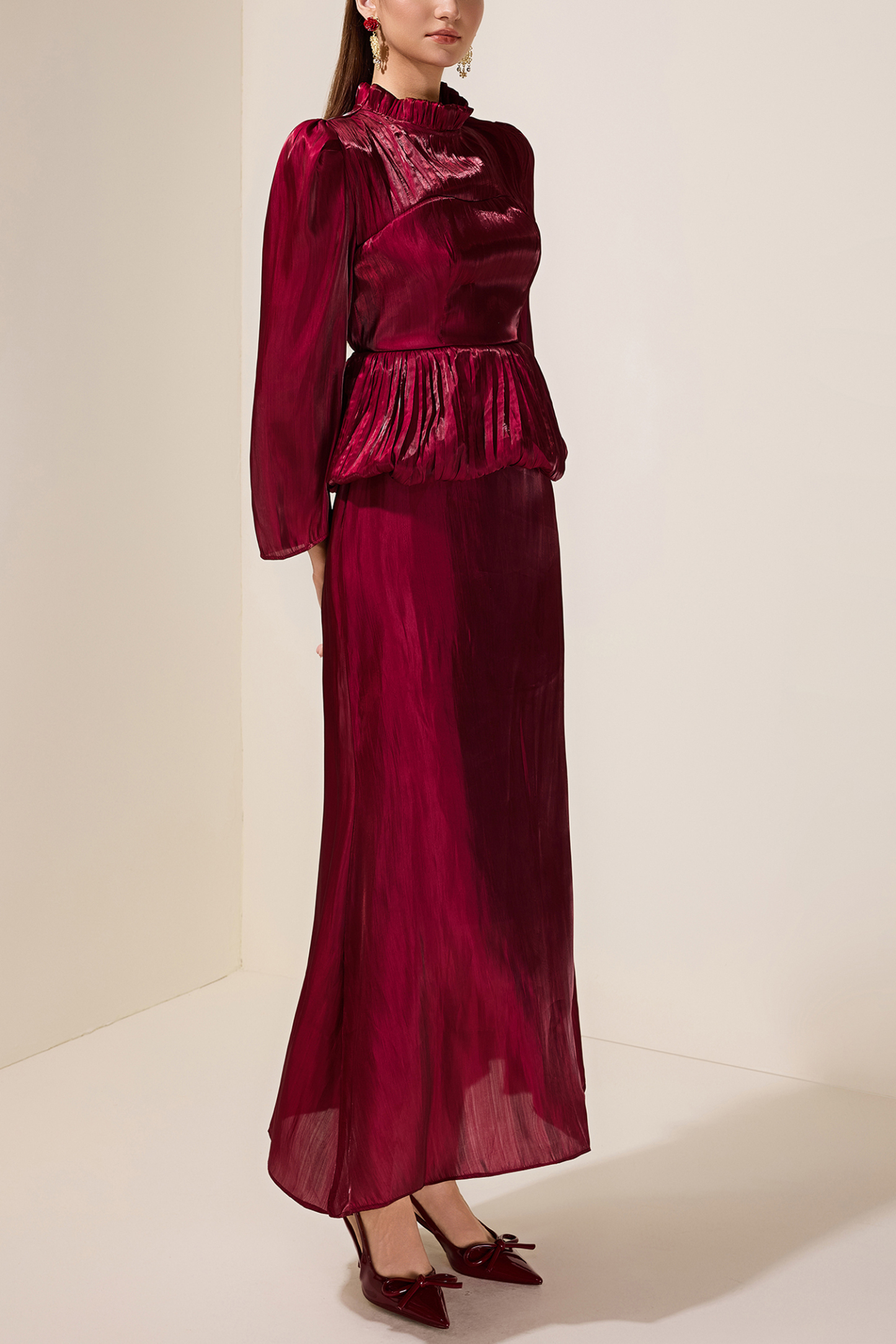 Satin Ruffle Long Sleeve Maxi Dress