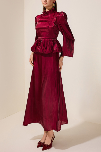 Satin Ruffle Long Sleeve Maxi Dress