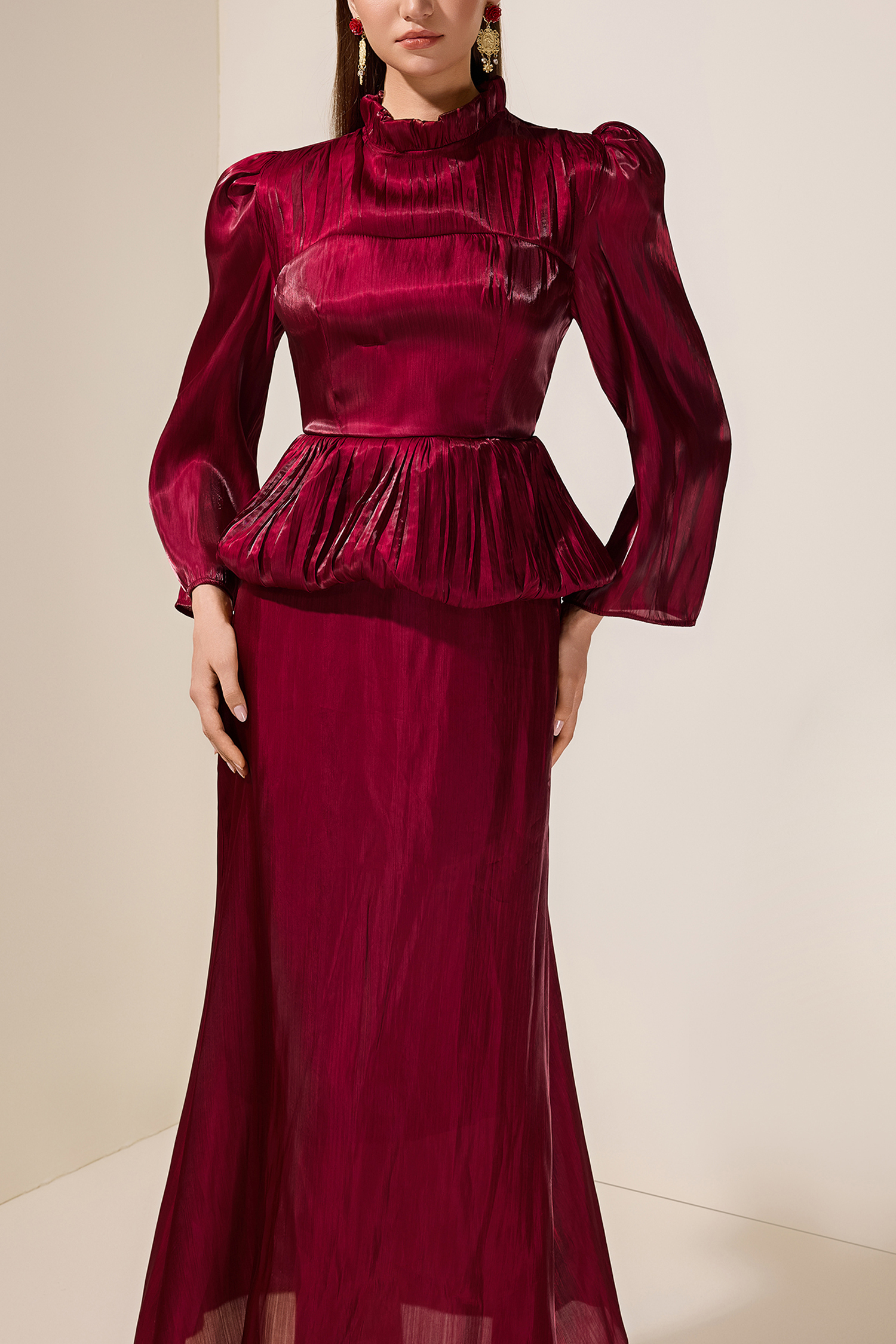 Satin Ruffle Long Sleeve Maxi Dress