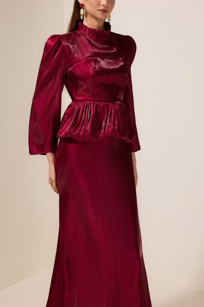 Satin Ruffle Long Sleeve Maxi Dress