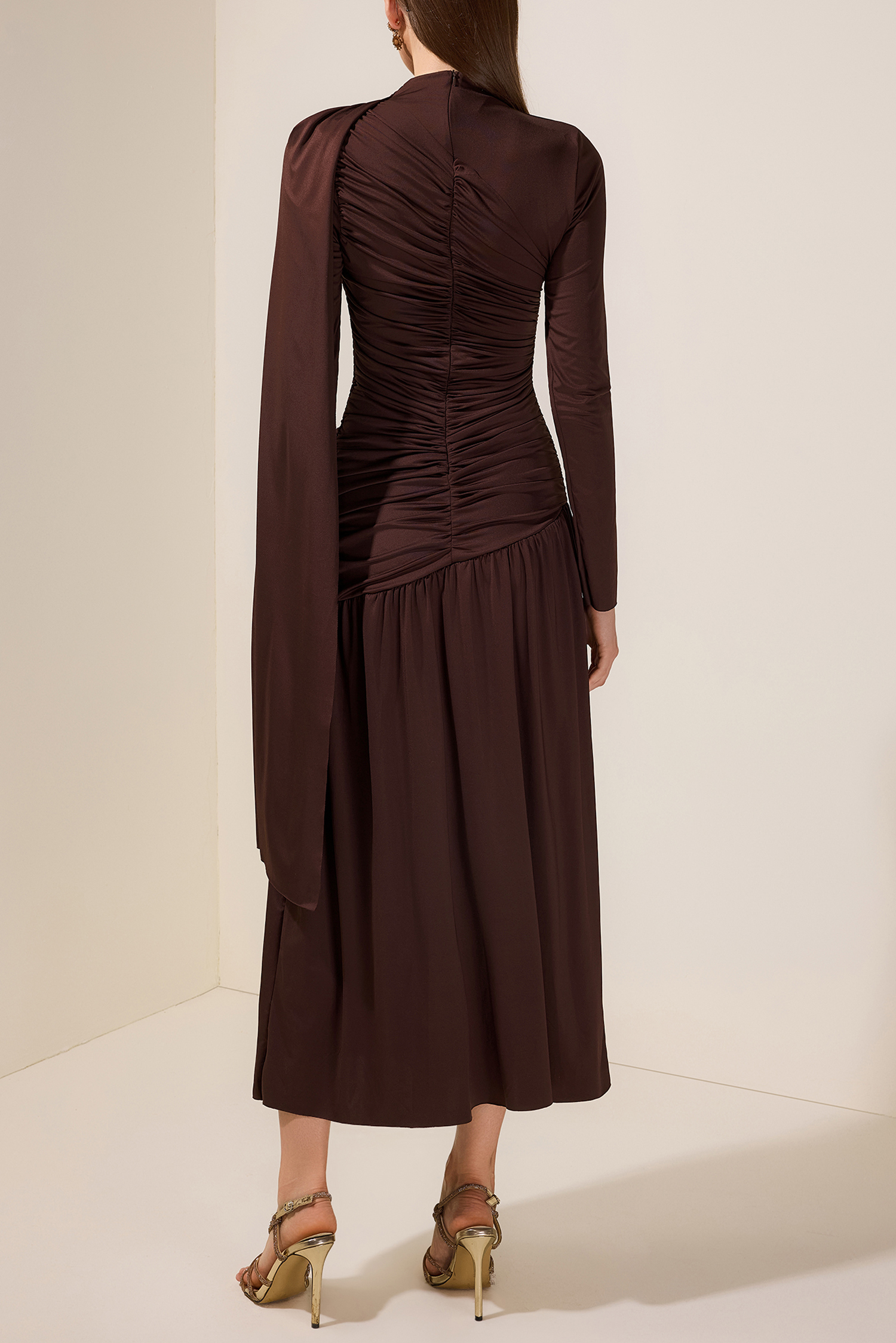 Jersey Gathering Cape Sleeve Midi Dress