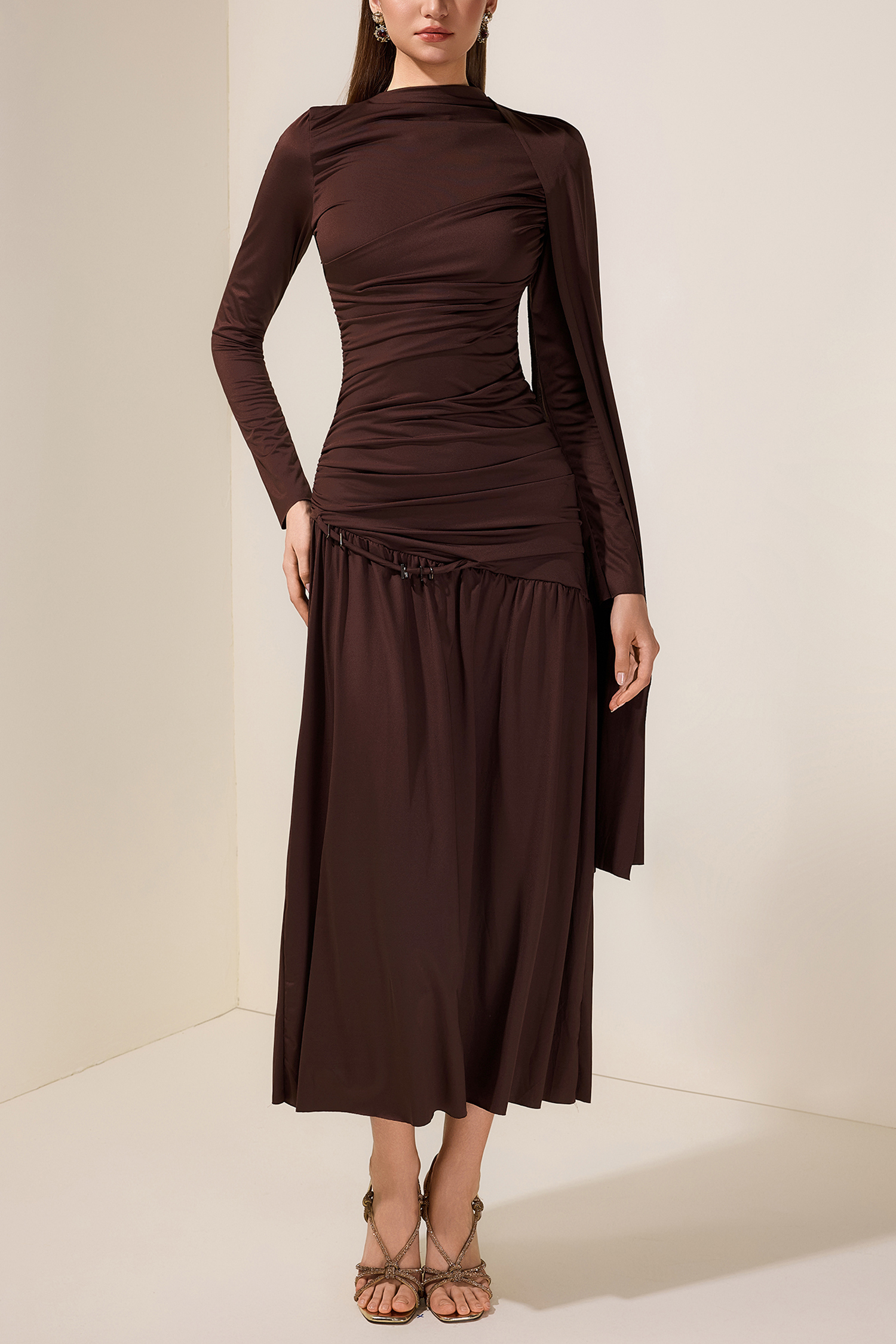 Jersey Gathering Cape Sleeve Midi Dress