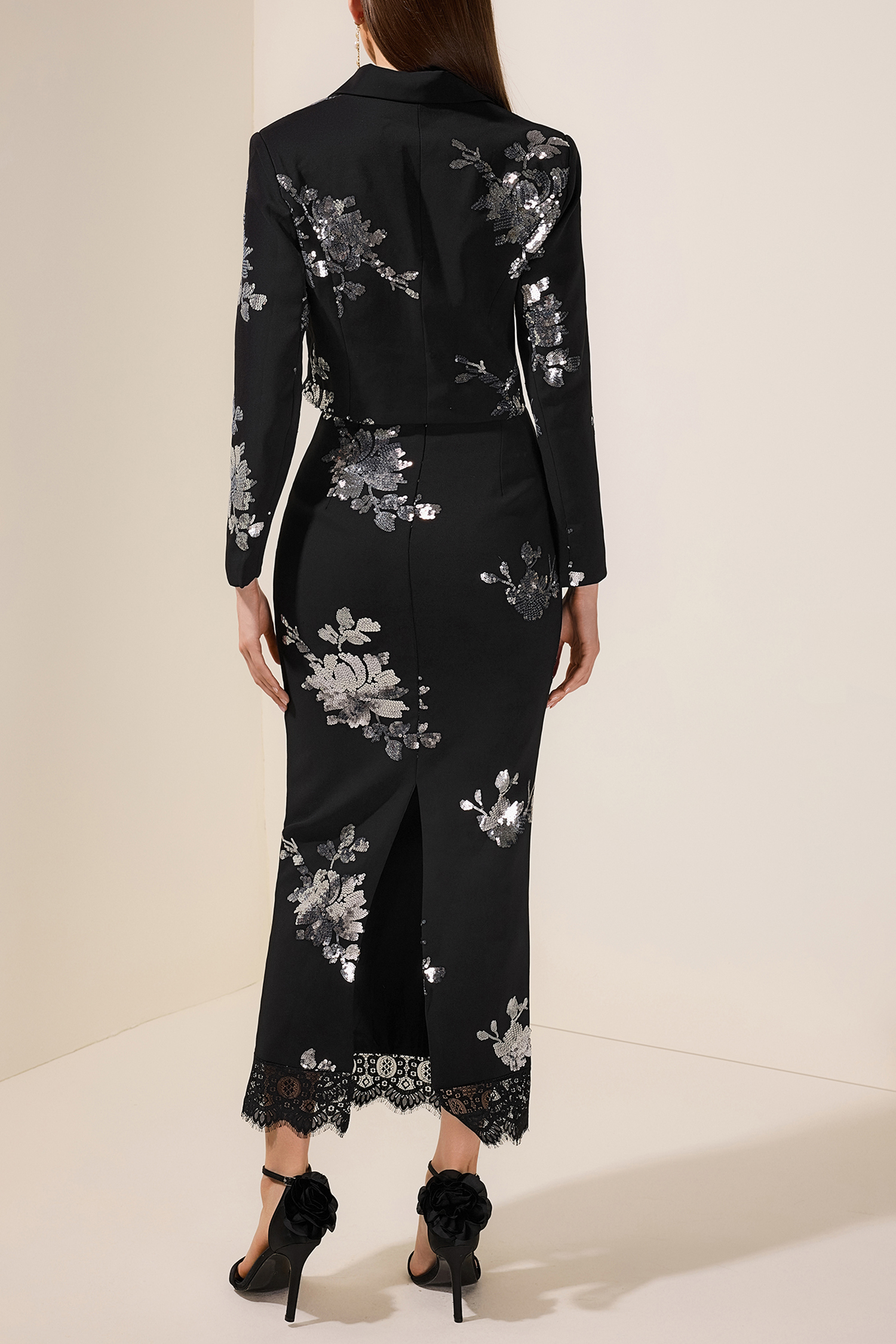 Sequin Floral Tailored Collar Blazer & High Waist Lace Midi Skirt Set