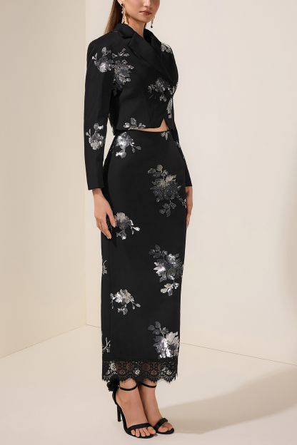 Sequin Floral Tailored Collar Blazer & High Waist Lace Midi Skirt Set