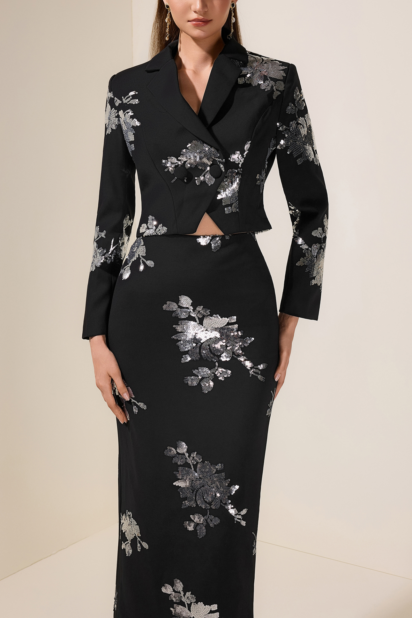 Sequin Floral Tailored Collar Blazer & High Waist Lace Midi Skirt Set