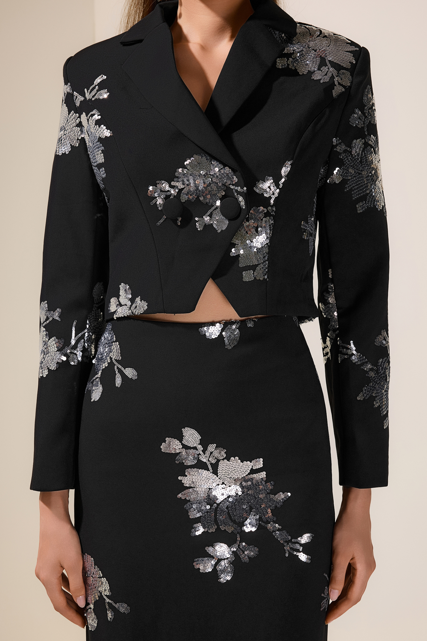 Sequin Floral Tailored Collar Blazer & High Waist Lace Midi Skirt Set