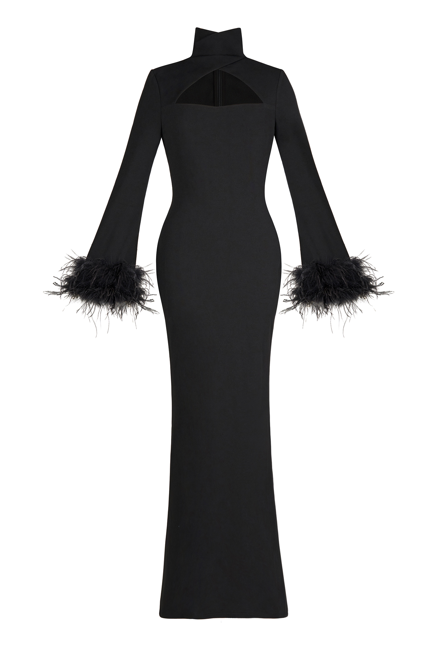 Feather Solid High Neck Midi Dress