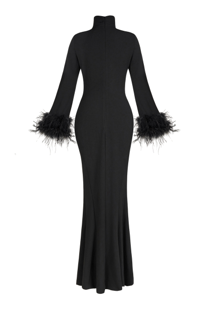 Feather Solid High Neck Midi Dress