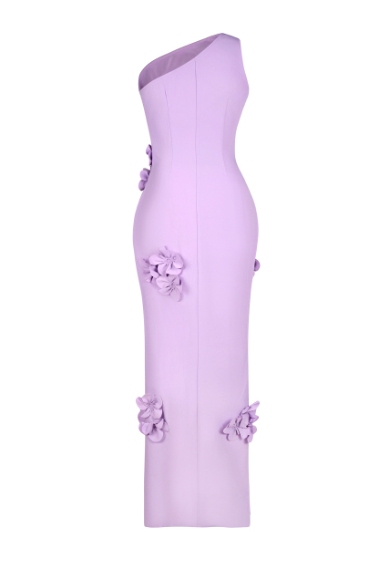 Solid 3D Flower Skew Collar Maxi Dress