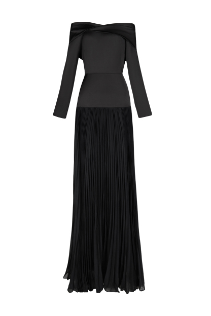Solid Pleated Off-Shoulder Maxi Dress