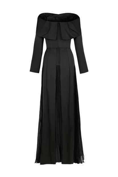 Solid Pleated Off-Shoulder Maxi Dress