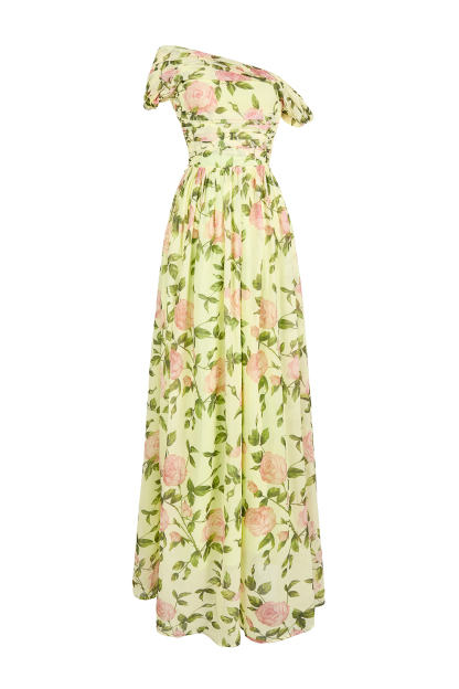 Floral Skew Collar Chiffon Maxi Dress