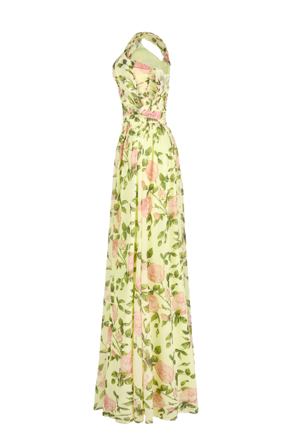 Floral Skew Collar Chiffon Maxi Dress