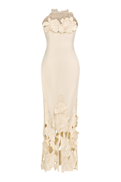 Off-Shoulder Floral Appliquéd Midi Dress