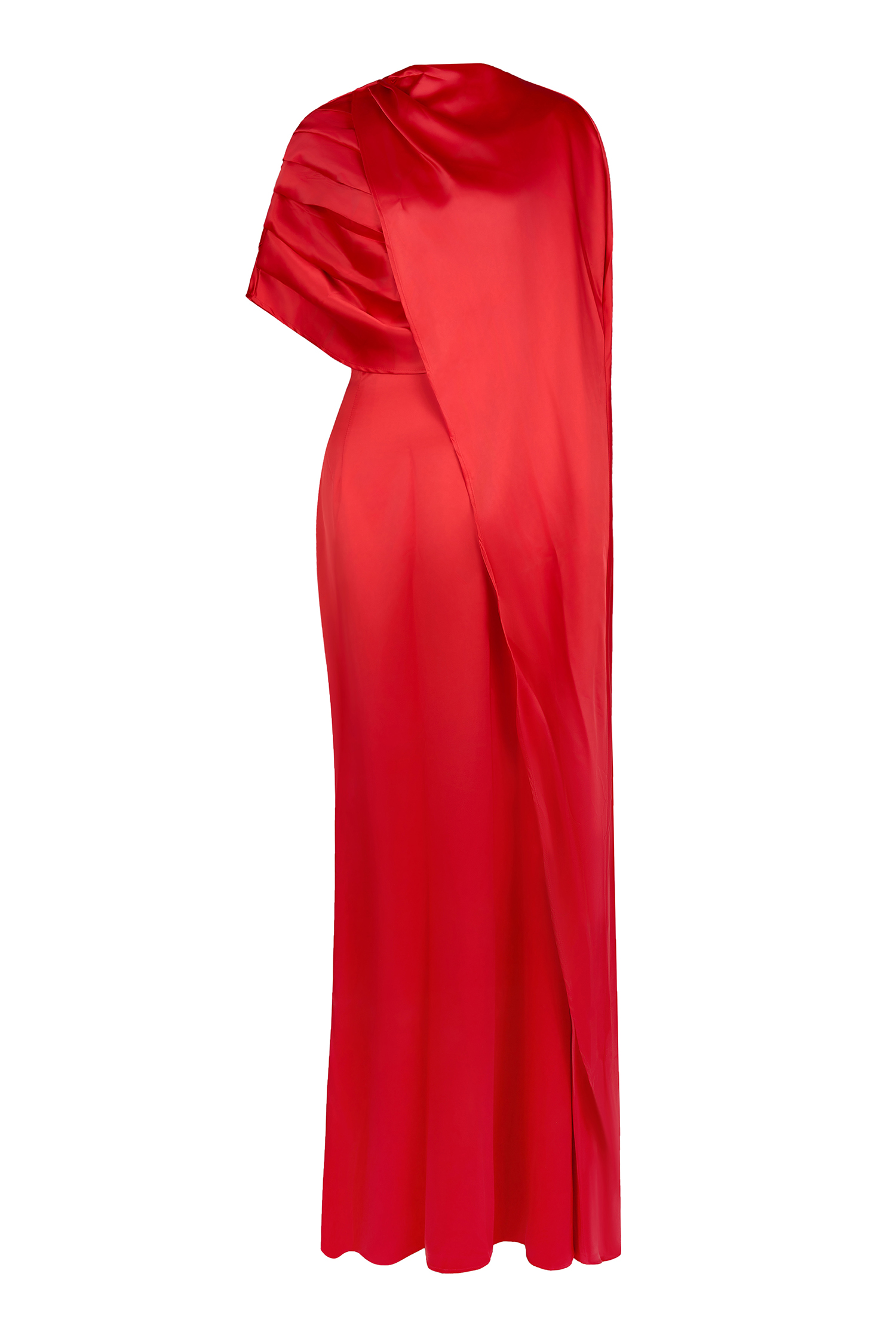 Satin Gathering Asymmetrical Sleeve Maxi Dress