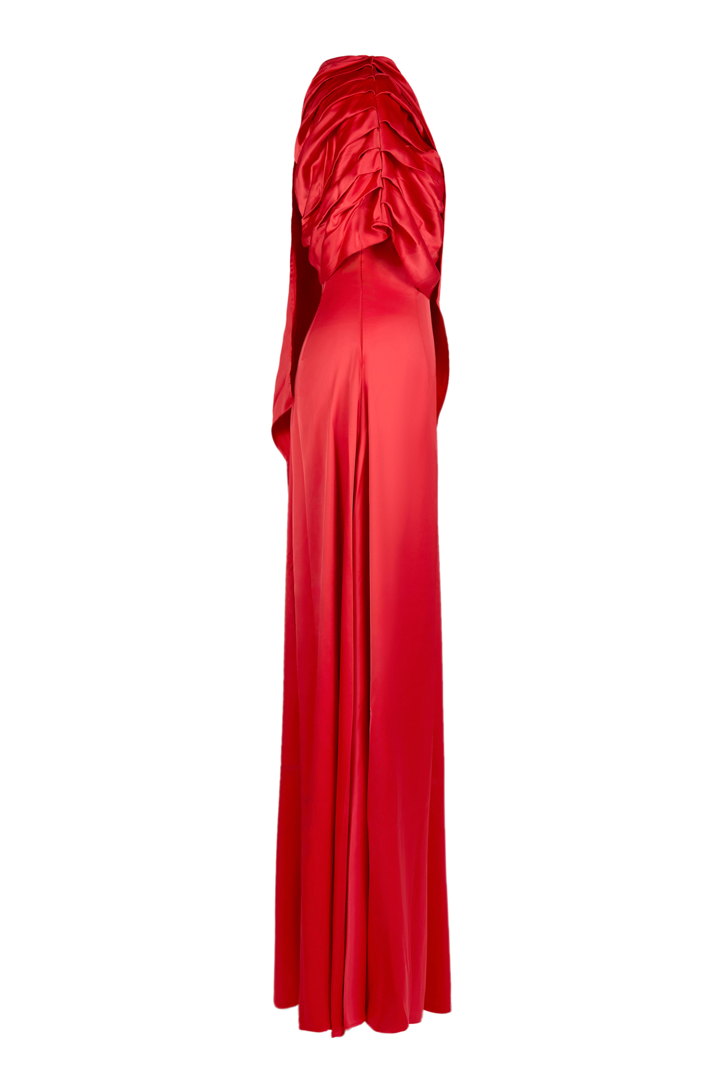 Satin Gathering Asymmetrical Sleeve Maxi Dress