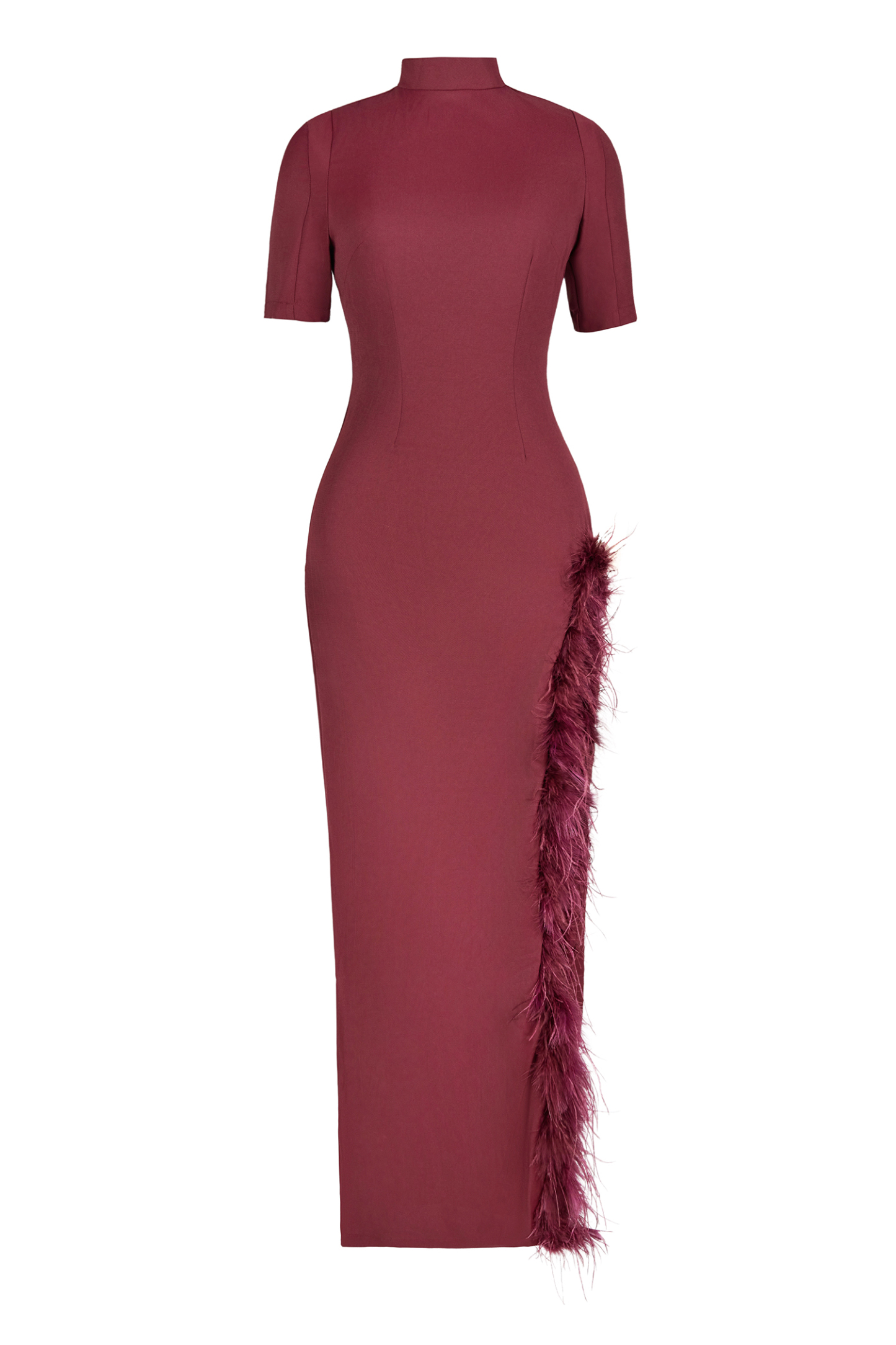 Feather Stand Collar Slit Midi Dress