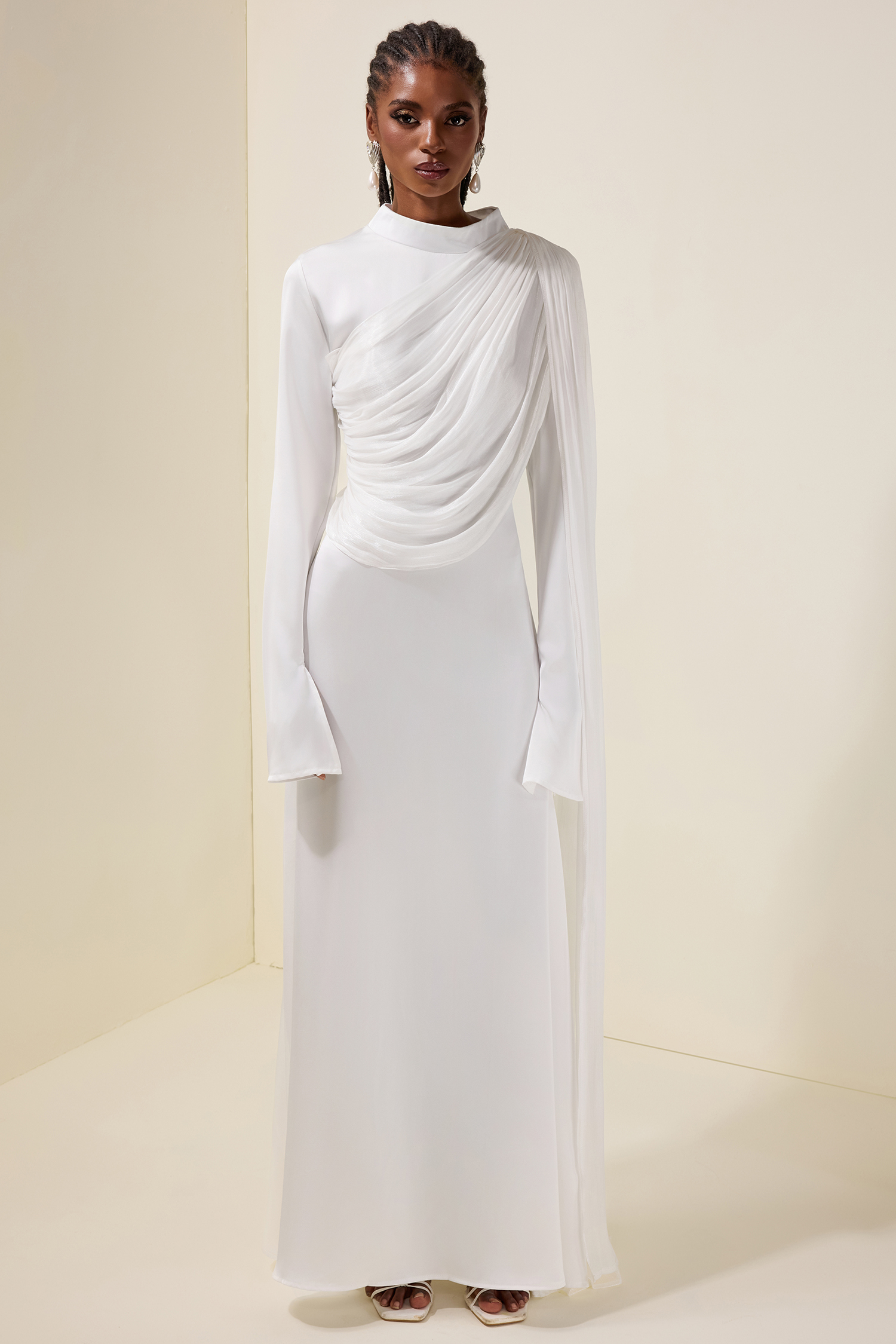 Satin Ruched Long Sleeve Maxi Dress