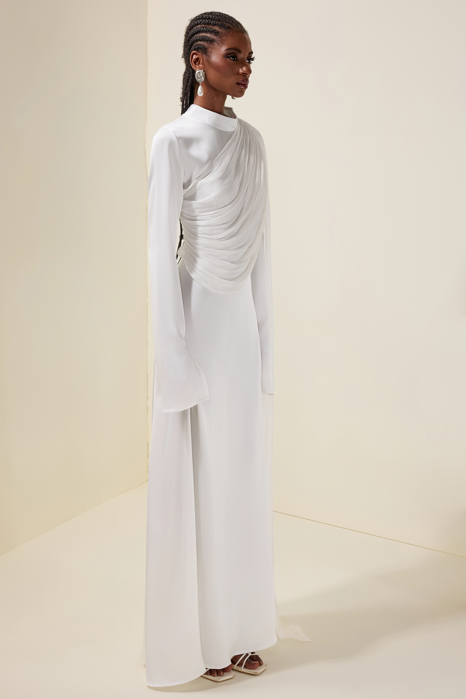 Satin Ruched Long Sleeve Maxi Dress