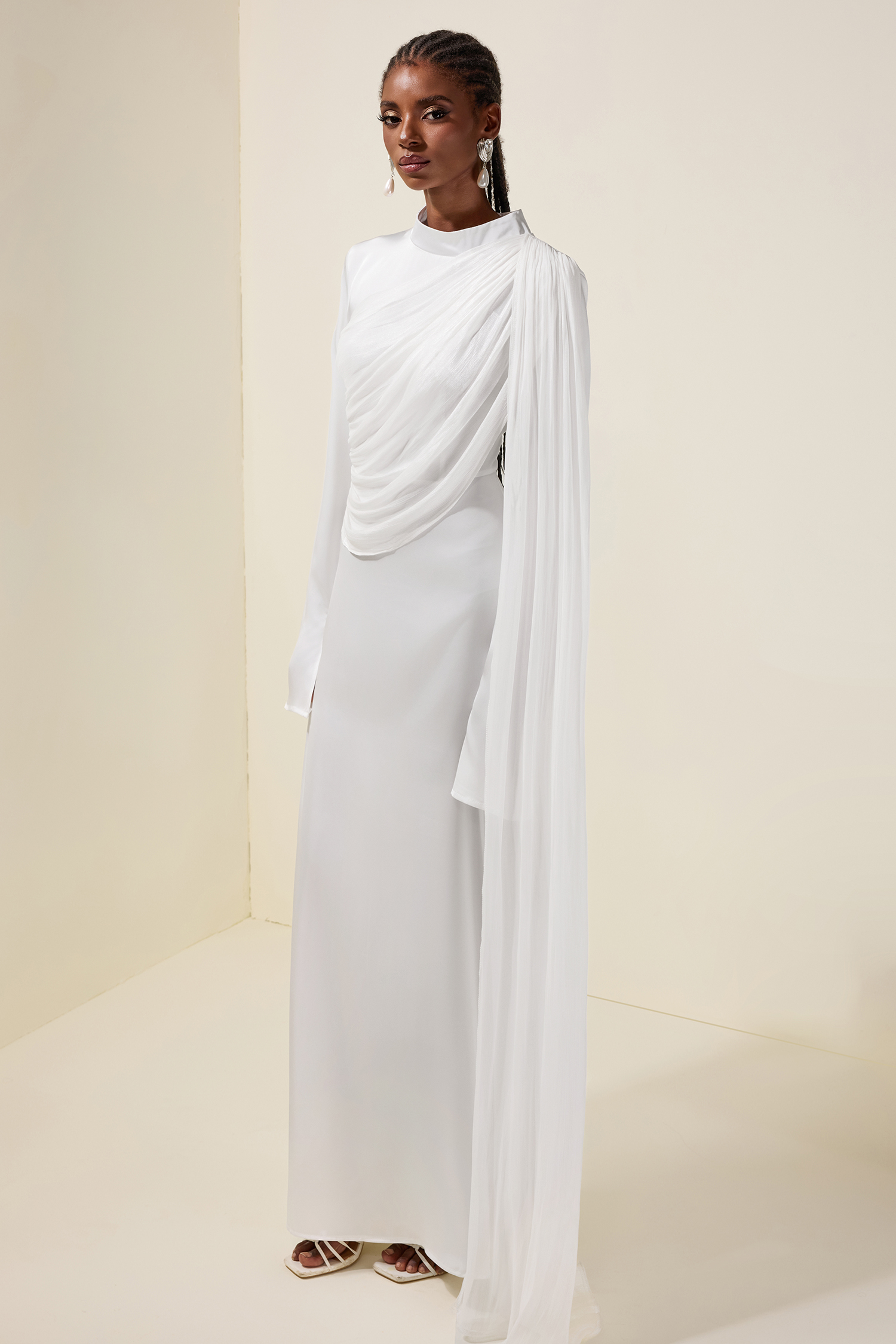 Satin Ruched Long Sleeve Maxi Dress