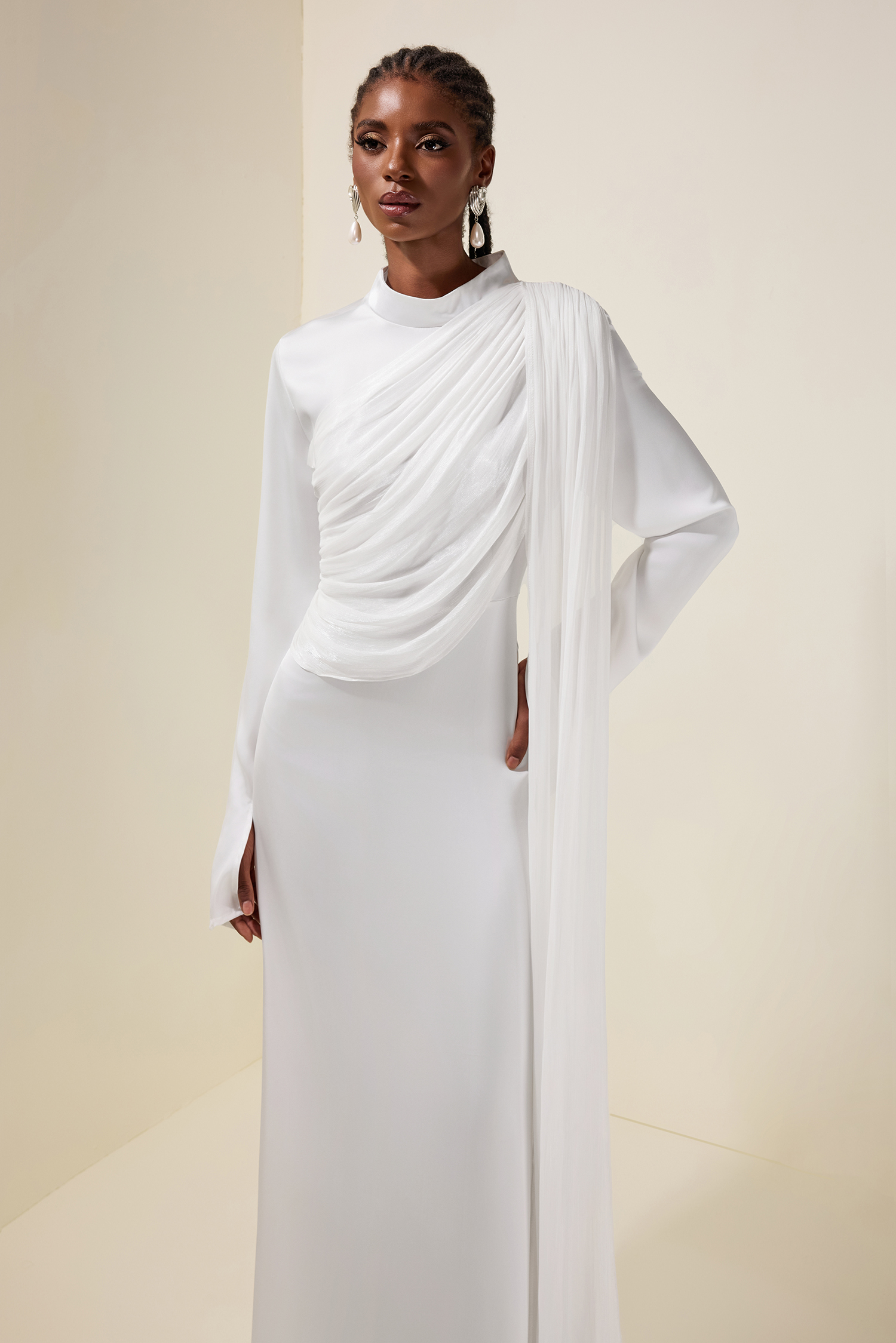 Satin Ruched Long Sleeve Maxi Dress