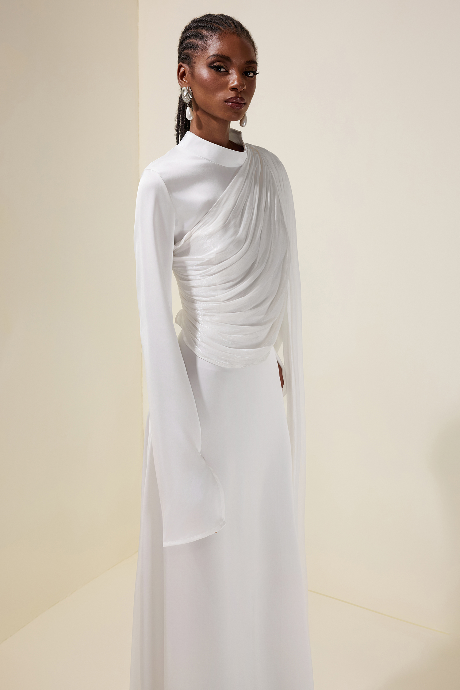 Satin Ruched Long Sleeve Maxi Dress