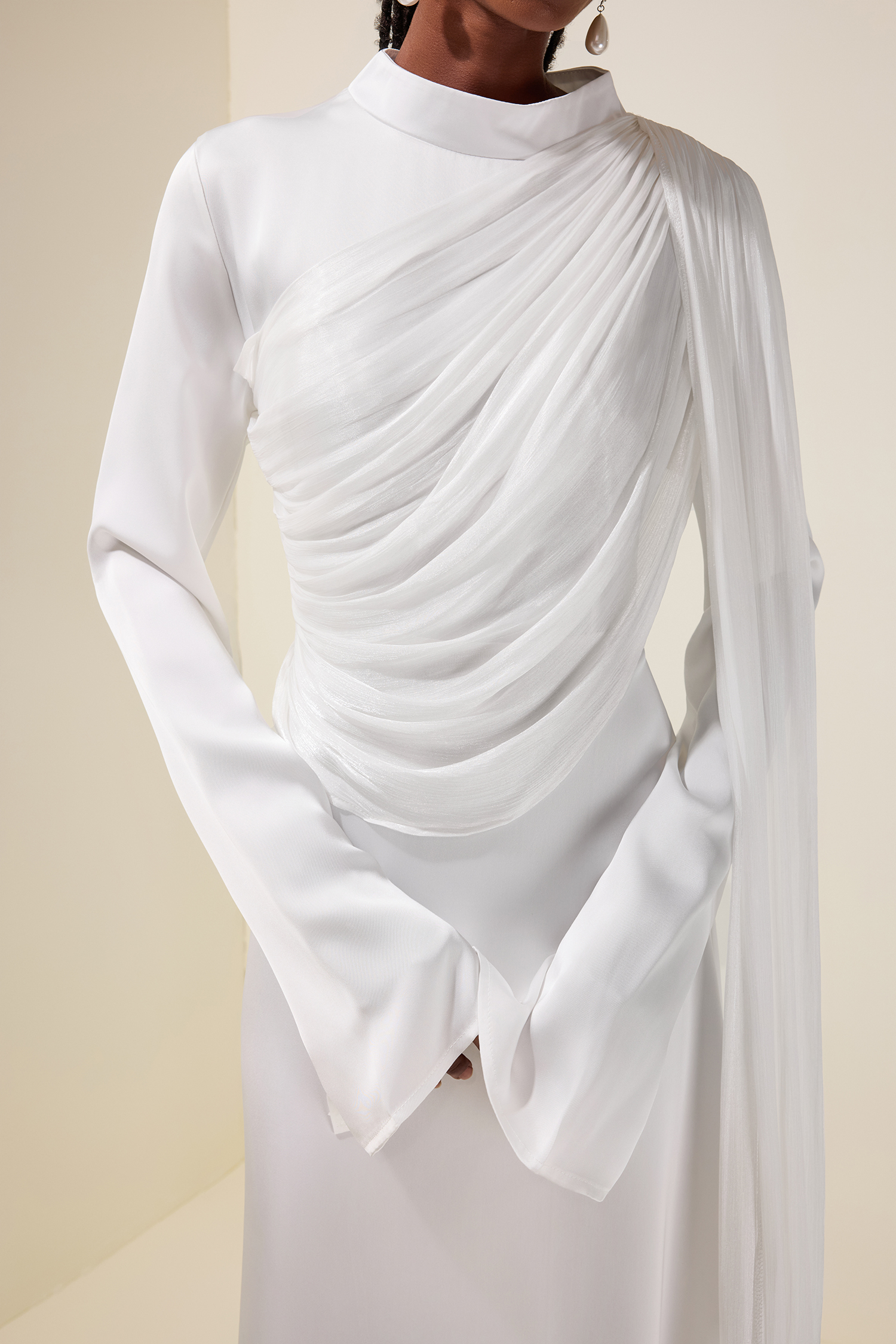 Satin Ruched Long Sleeve Maxi Dress
