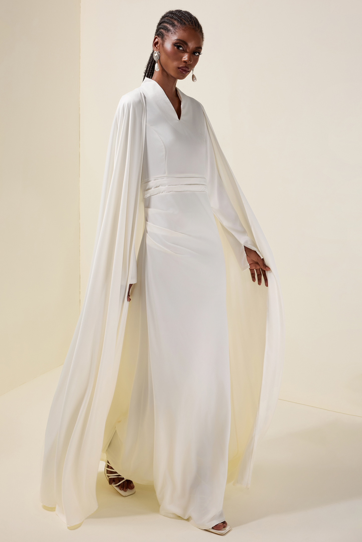 Solid V-Neck Long Sleeve Maxi Dress With Cape