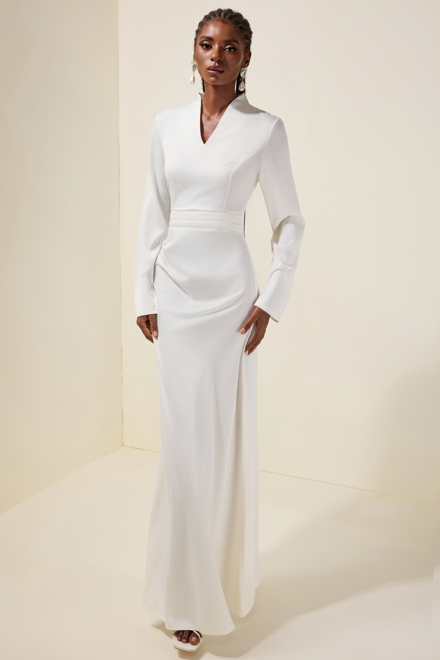 Solid V-Neck Long Sleeve Maxi Dress With Cape