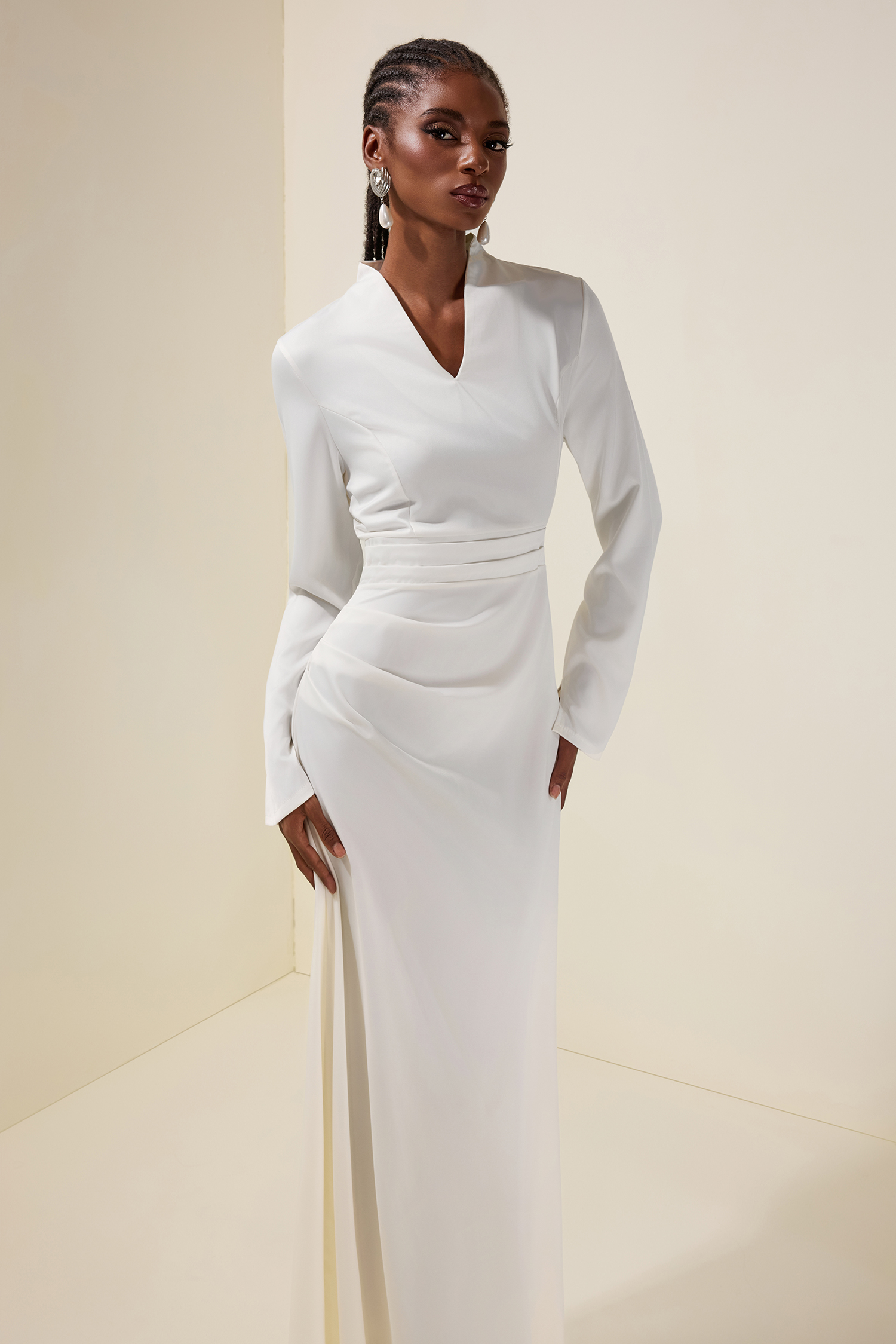 Solid V-Neck Long Sleeve Maxi Dress With Cape
