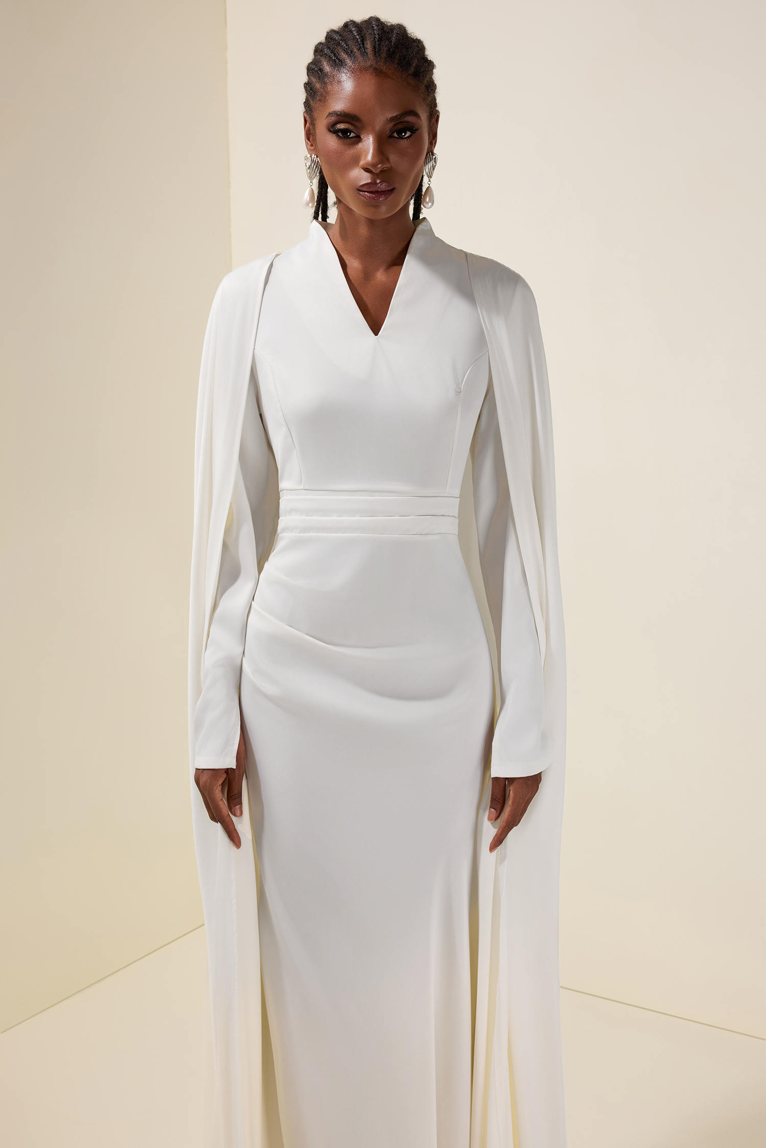 Solid V-Neck Long Sleeve Maxi Dress With Cape