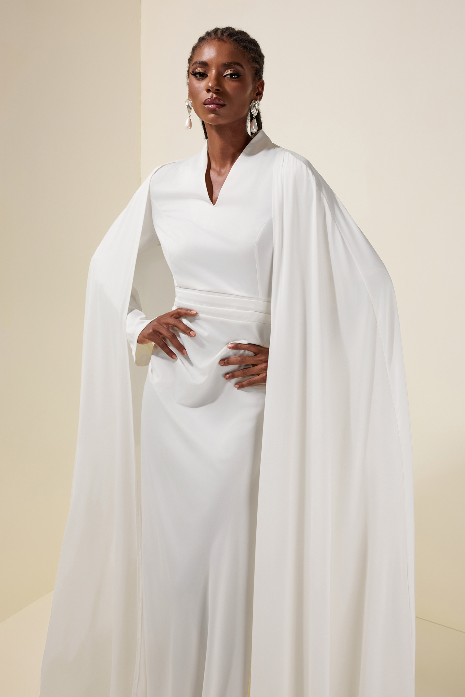 Solid V-Neck Long Sleeve Maxi Dress With Cape