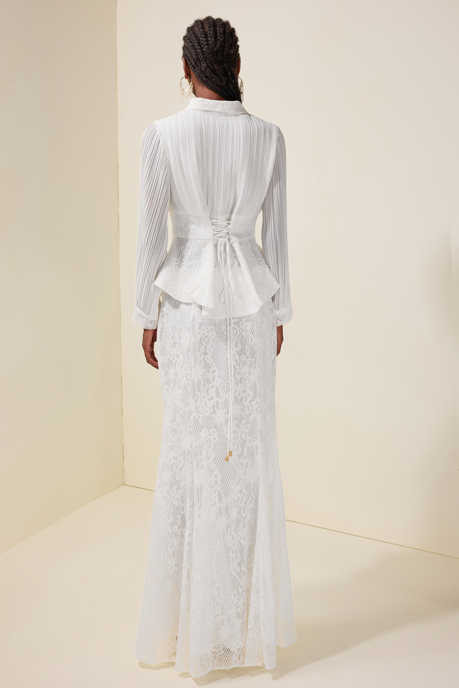 Faux Pearl Pleated Top & Lace High Waist Maxi Skirt Set