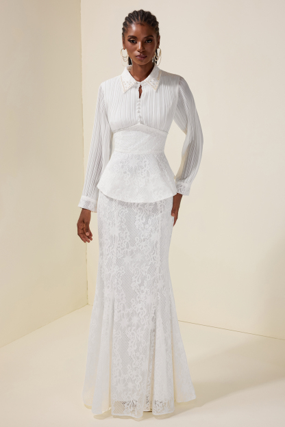 Faux Pearl Pleated Top & Lace High Waist Maxi Skirt Set