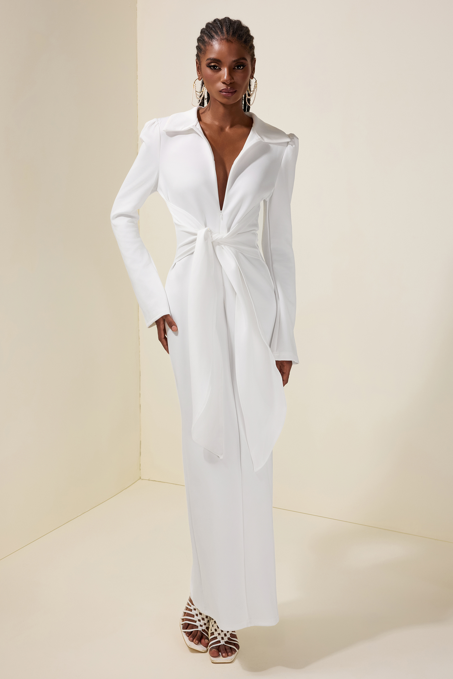 Solid V-Neck Tie-Up Maxi Dress