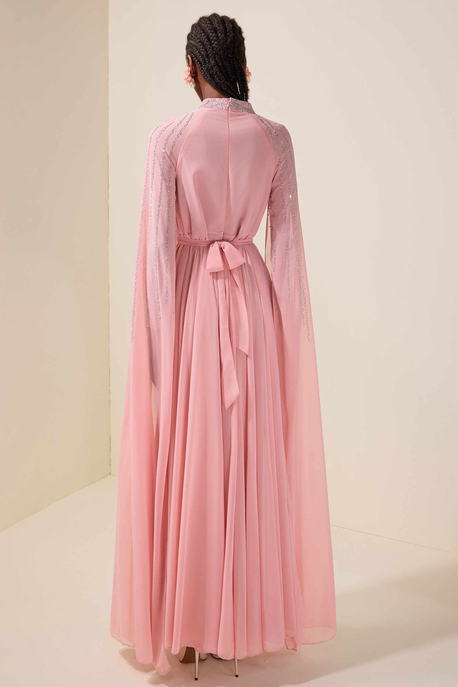 Chiffon Rhinestone Cape Sleeve Maxi Dress With Belt