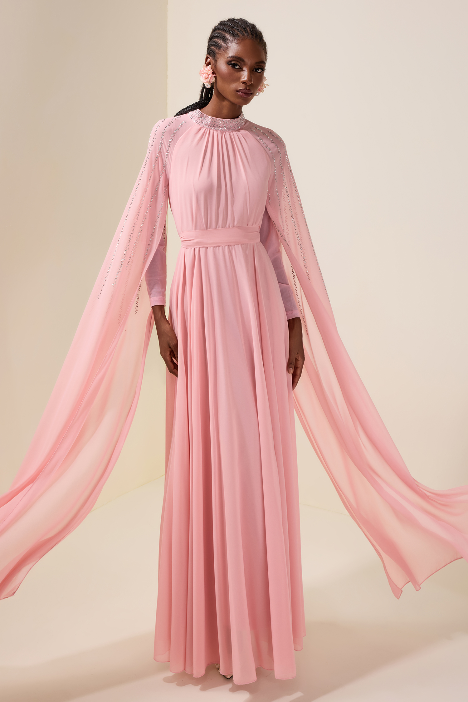 Chiffon Rhinestone Cape Sleeve Maxi Dress With Belt
