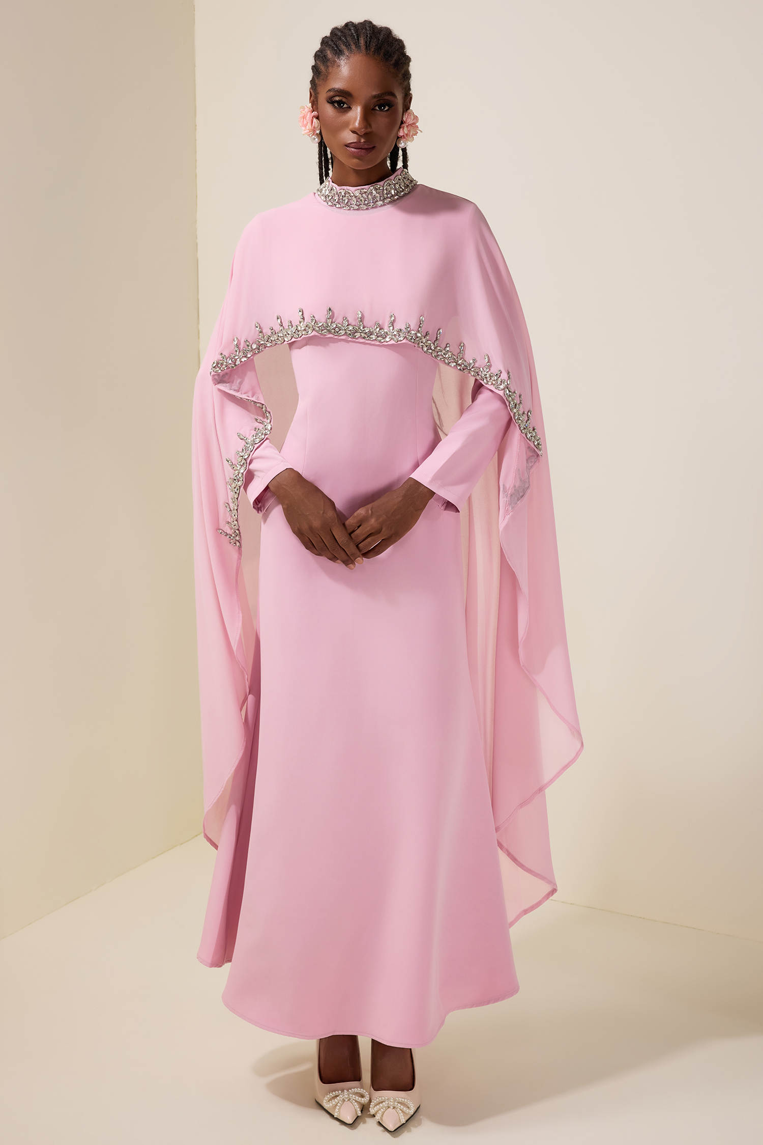 Long Sleeve Maxi Dress With Rhinestone Cape