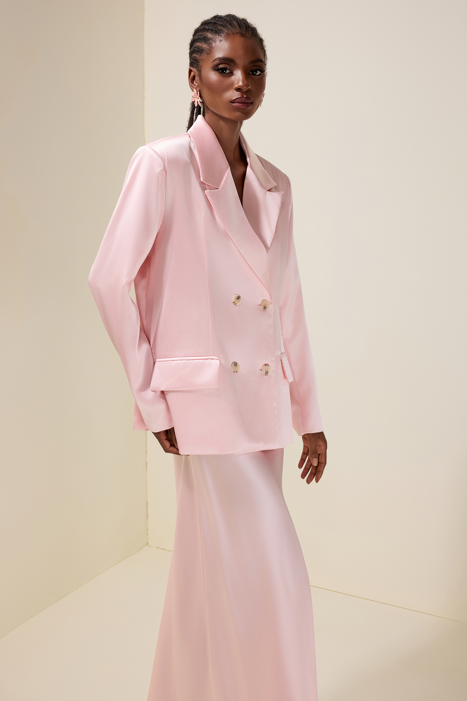 Solid Tailored Collar Blazer & High Waist Maxi Skirt Set