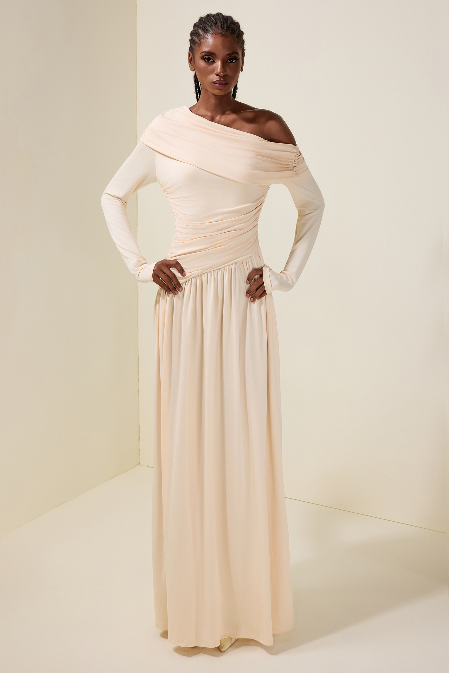 Jersey Gathering Long Sleeve Maxi Dress