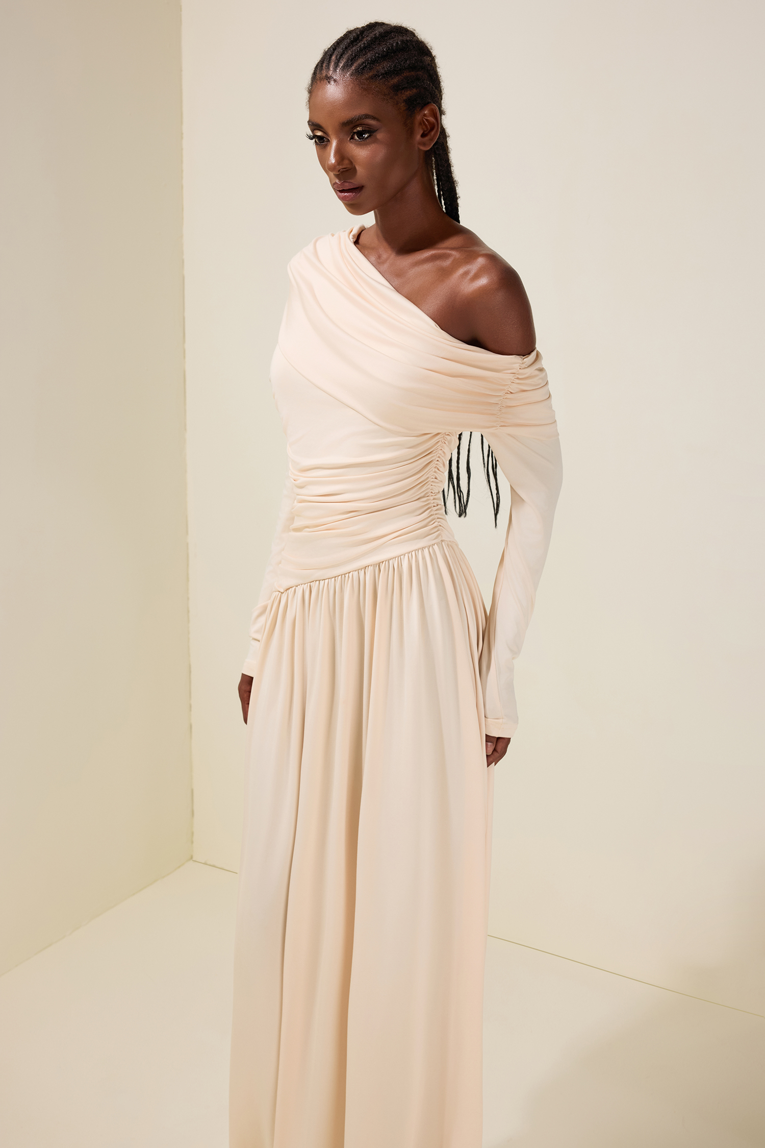 Jersey Gathering Long Sleeve Maxi Dress