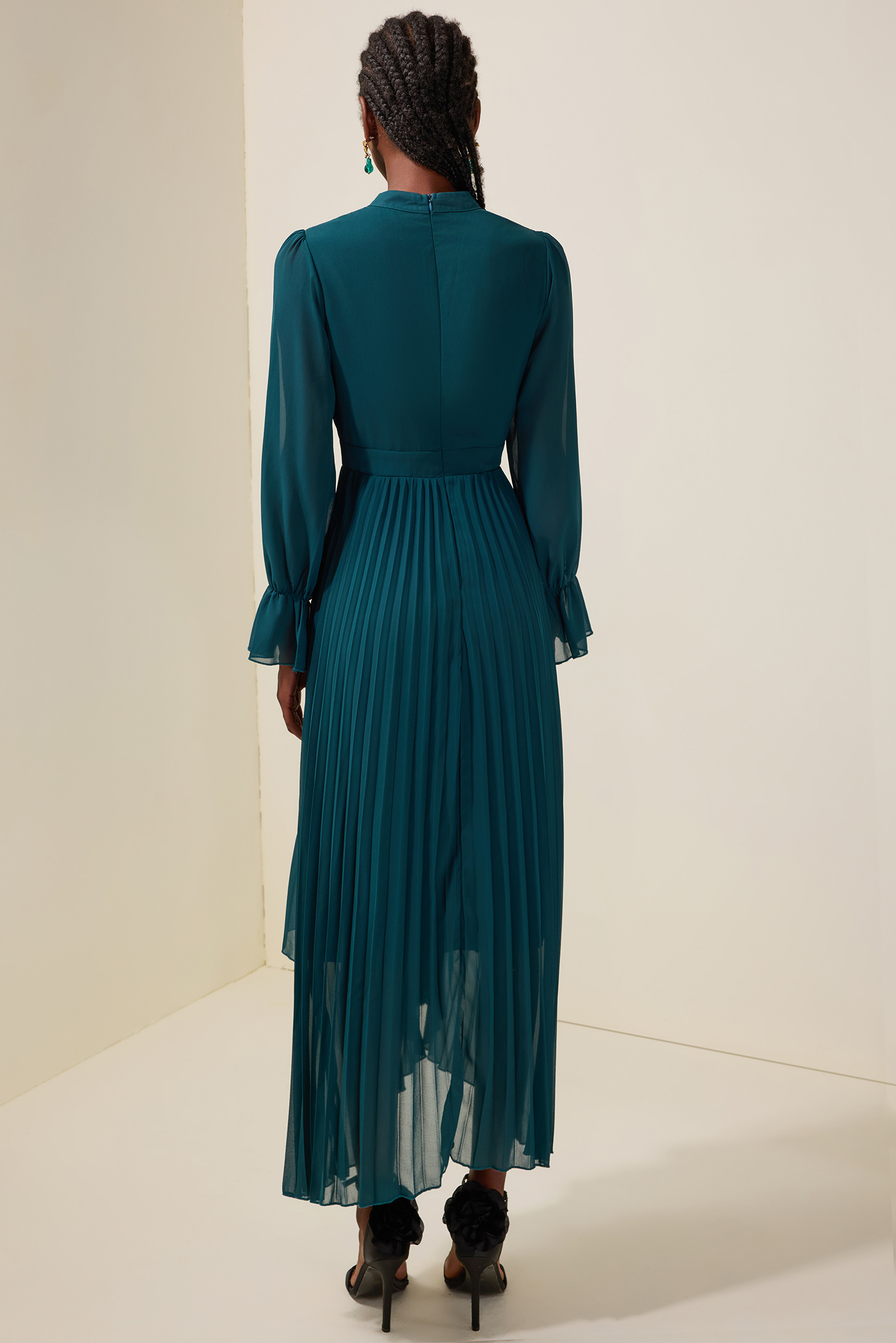 Chiffon Ruffle Pleated Midi Dress