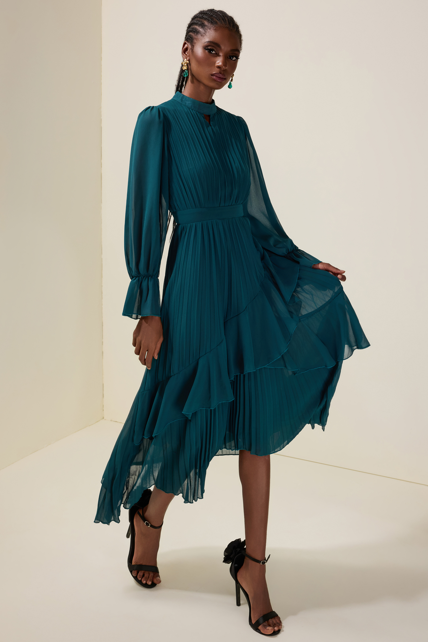 Chiffon Ruffle Pleated Midi Dress