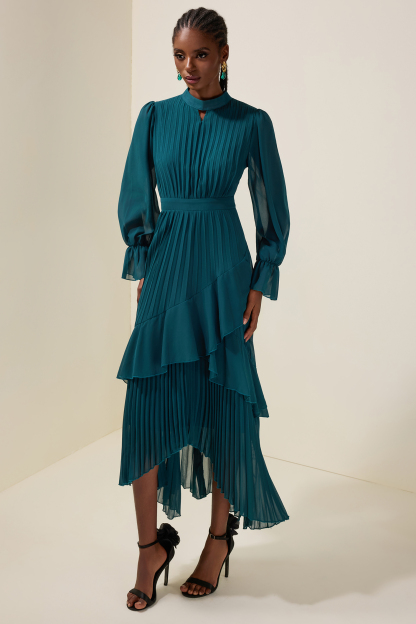 Chiffon Ruffle Pleated Midi Dress