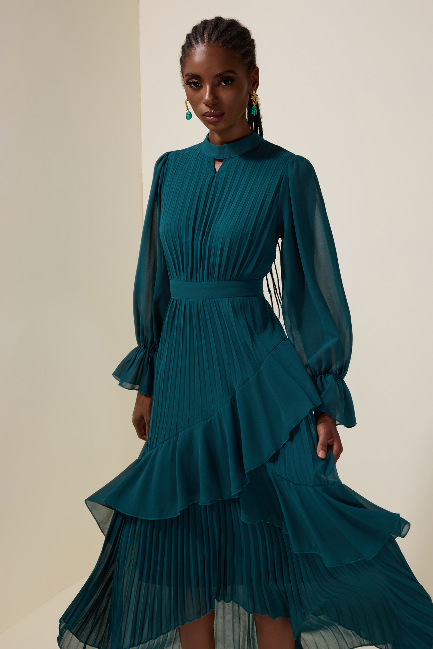 Chiffon Ruffle Pleated Midi Dress