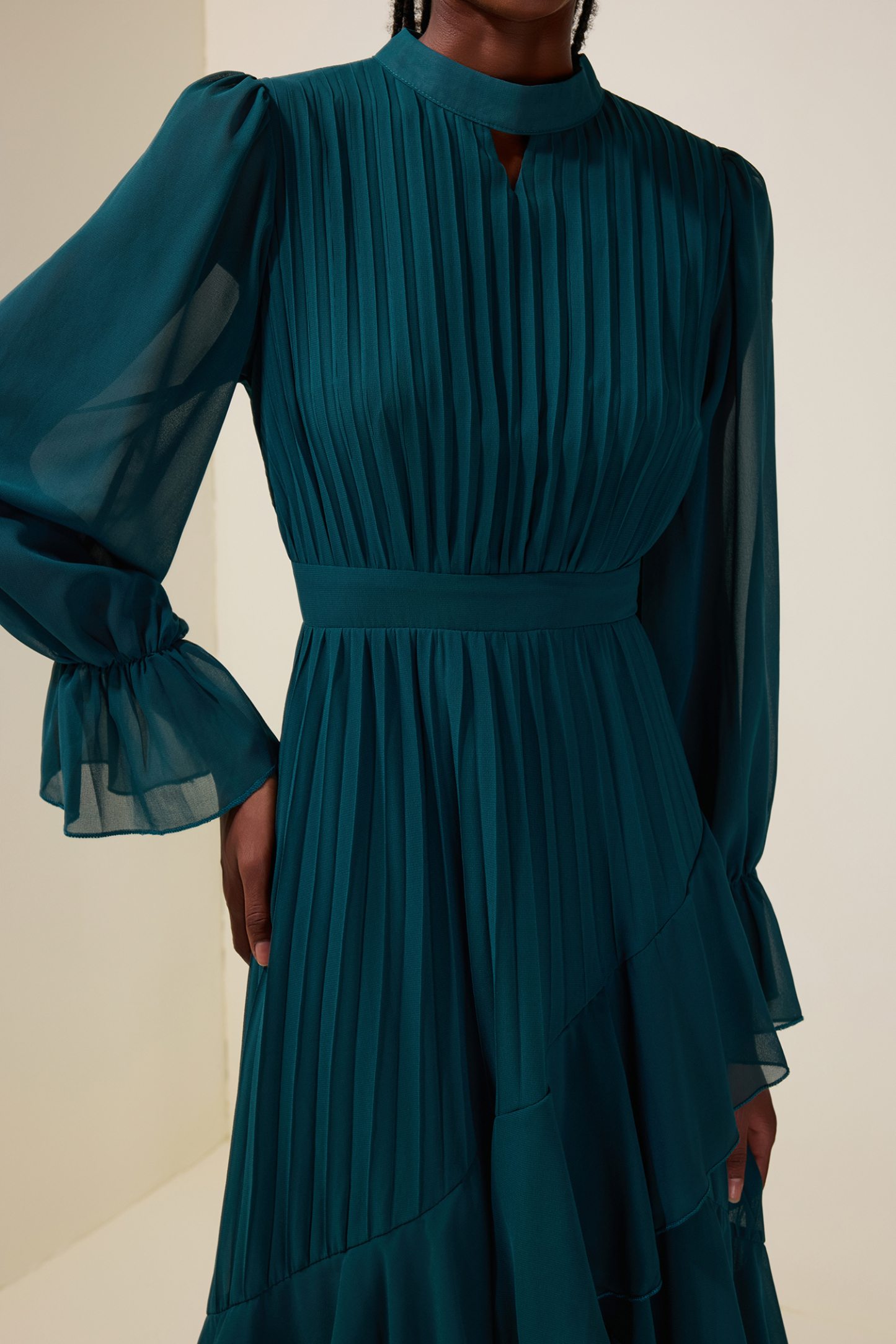 Chiffon Ruffle Pleated Midi Dress