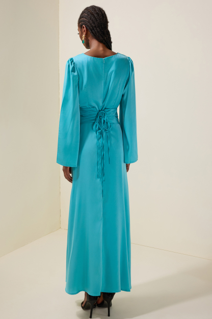 Satin Diamond Tassels Long Sleeve Maxi Dress