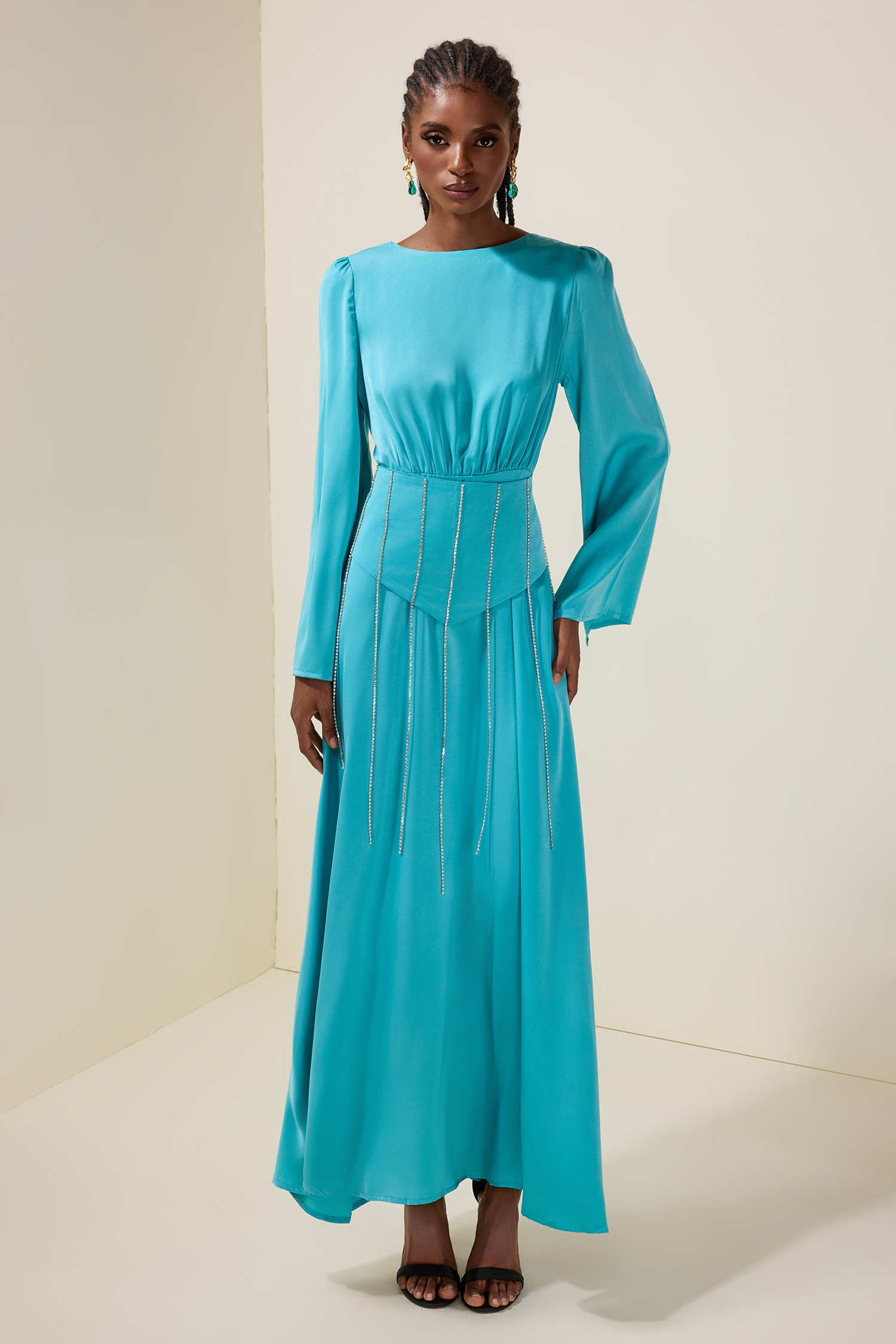 Satin Diamond Tassels Long Sleeve Maxi Dress