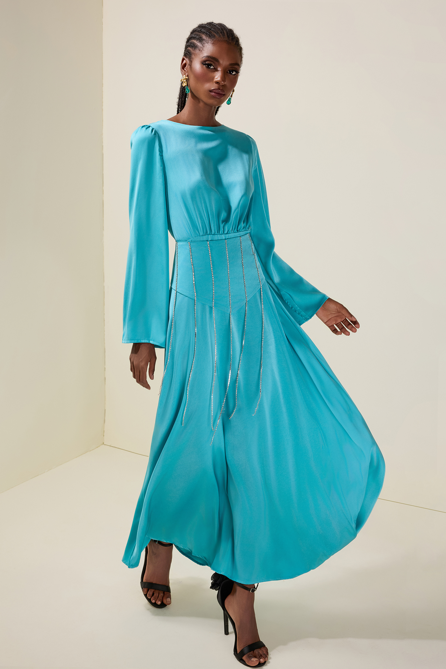 Satin Diamond Tassels Long Sleeve Maxi Dress